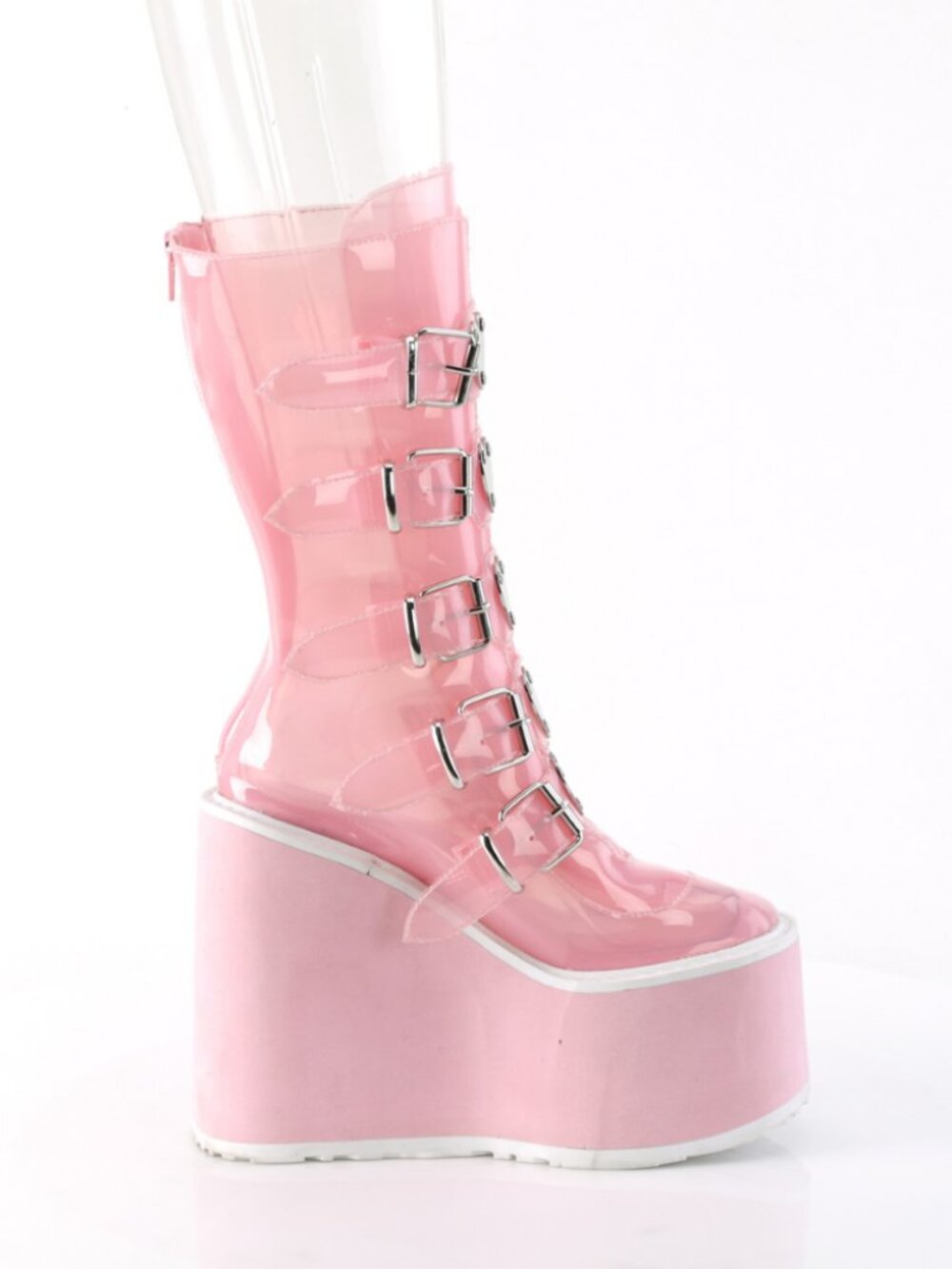 B. Pink TPU Mid-Calf Boots with Heart-Shaped Metal Plate Buckle Straps